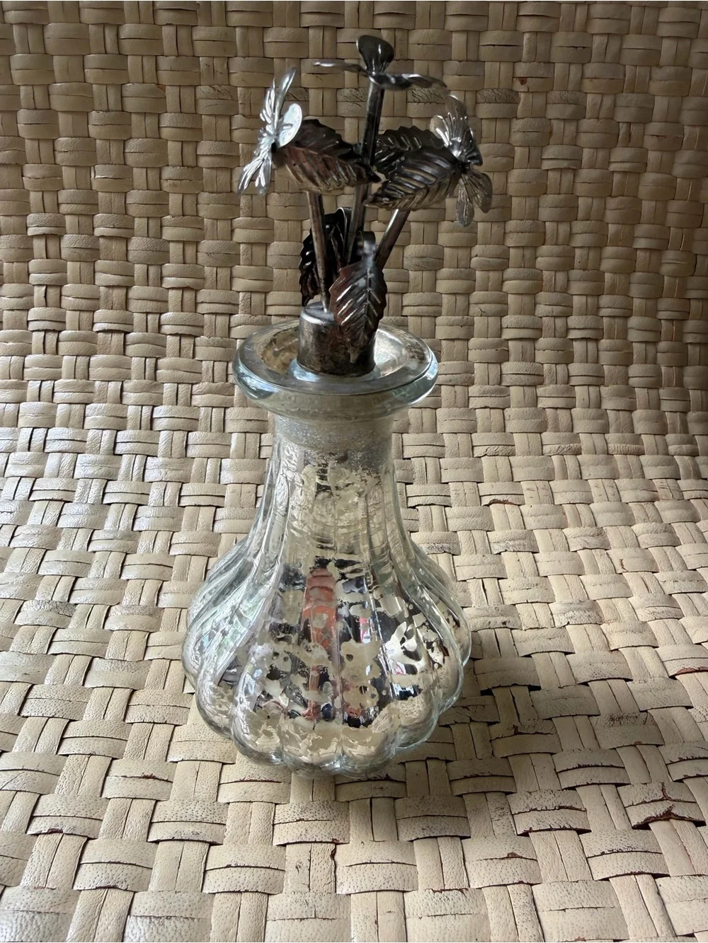 Vintage Mercury Glass Decanter Bottle & Silver Floral Leaves Stopper